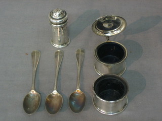 3 silver rat tail pattern coffee spoons and a 3 piece silver condiment set with mustard, salt and pepper pot