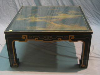 A square lacquered Oriental occasional table, raised on square supports 30"