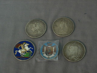A George III crown 1814 (rubbed), 3 Victorian crowns 1887 and 2 x 1899 and an enamelled coin