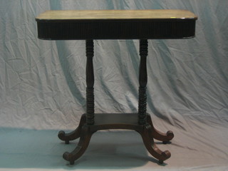A William IV mahogany D shaped console table, raised on 4 turned supports with platform base and spade feet, 33"