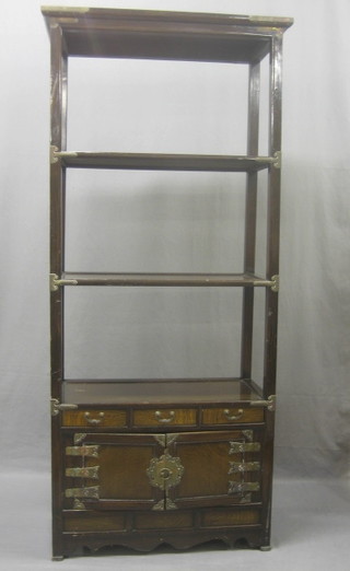An Oriental style 3 tier cabinet, the base fitted 3 drawers above a cupboard 27"