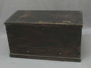 A 19th Century mahogany trunk with hinged lid, the interior fitted a candle box, the base fitted a drawer 30"