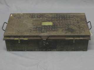 A 19th Century rectangular metal uniform trunk, the lid with brass plaque marked Captain J Just Handcock, The Morgan Artillery Volunteers 24" together with a black and white photograph of the De Morgan Artillery