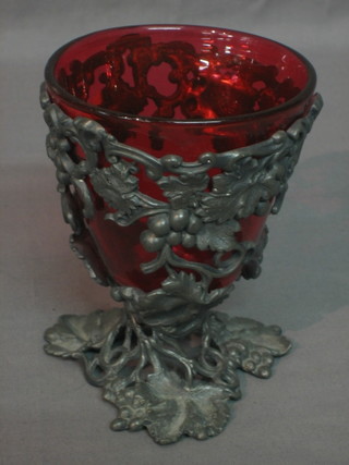 An Art Nouveau style cast pewter bowl, decorated vinery with glass liner 7"