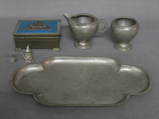 An Art Nouveau planished pewter tray marked Mayfair Pewter 1011 12", a pewter cigarette box with hinged lid together with 2 pewter finials