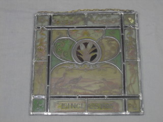 A Victorian square stained glass panel marked Isinglass 1893 16"