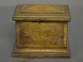 A Victorian inlaid mahogany sarcophagus shaped money box dated 1876 5"