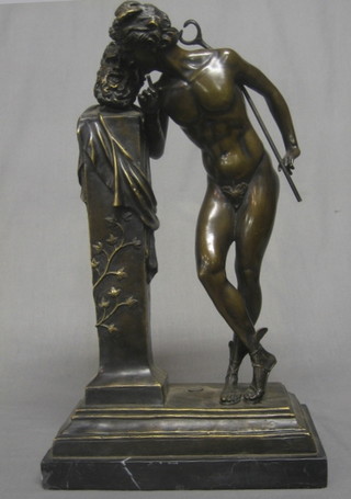 A reproduction bronze figure of Mercury standing by column 17"
