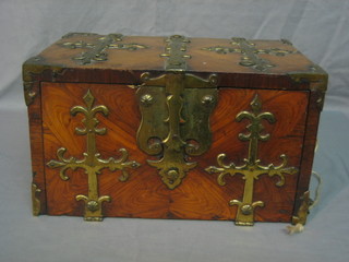 An 18th Century oyster walnut and brass banded strongbox with hinged lid and gilt metal handles 14"(with gilt metal key)