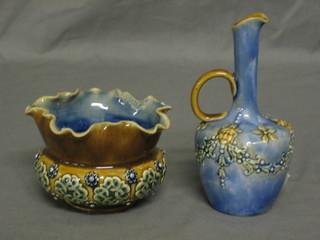 A Royal Doulton salt glazed jug 4" together with a circular jardiniere 2" (chips to rim)