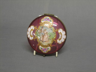A Victorian red and enamelled glass jar lid decorated a romantic scene with gilt metal hasps
