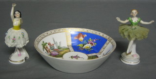 A circular Dresden bowl with panel decoration, decorated figures 6.5" together with 2 Continental porcelain figurines 4"
