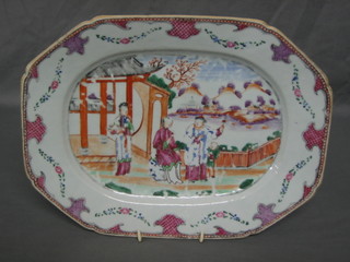 An 18th/19th Century Canton Famille verte pottery lozenge shaped meat plate decorated courtly figures 13"
