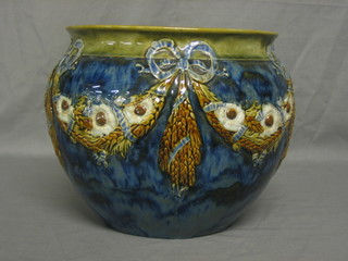 A circular Royal Doulton blue and green glazed jardiniere, the base marked Royal Doulton impressed RW 318 9"