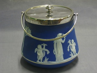 A Wedgwood blue Jasperware biscuit barrel with silver plated mounts 5"