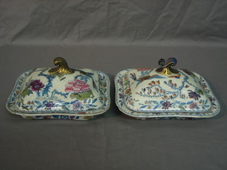A pair of 19th Century rectangular Davenport stone china tureens and covers with floral decoration 10" (both f)
