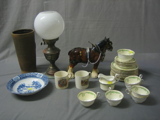An Art Pottery vase, a part Aynsley tea service, a pottery figure of a dray horse, a blue and white pottery bowl and an oil lamp etc