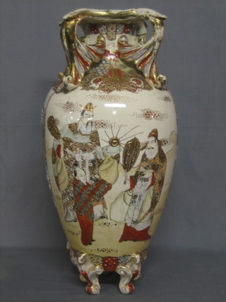 A Japanese Satsuma twin handled vase decorated courtly figures 23" (handle f & r)