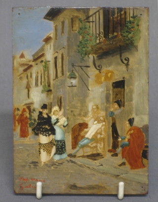 P J Consil, Continental oil painting on board "Street Scene with Figure and a Barber" the reverse marked P J Consil Gabriel 6 1/2" x 4 1/2"