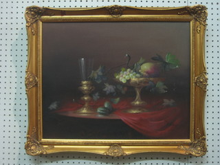 McInary, oil on canvas a still life study "Comport with Fruit on table" 15"x19"