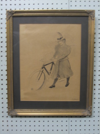 A 19th/20th Century monochrome print "Girl with Bicycle" 12" x 9", signed in the margin