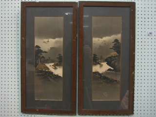 A pair of 19th Century Japanese prints "River with Fishing Boats and Houses" 17"x6"