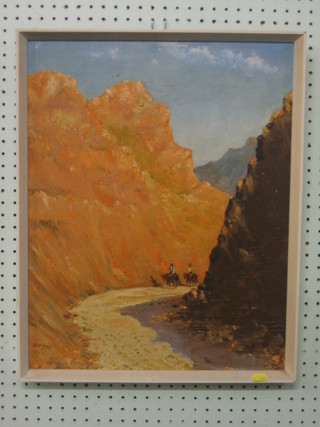 Chris King, oil painting on board "Mountain Ravine with Figures" 19" x 16"