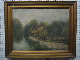 K King, 19th Century oil on board, "Cottage by a River" 17"x23"