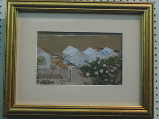 Margaret Green, oil painting "Beach Huts" the reverse with Leicester Gallery Exhibition of Artists 6" x 9"