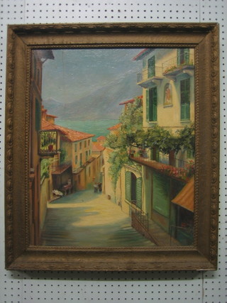 Continental oil on canvas "Street Scene with Figures, Mountain and Lake in Distance" monogrammed SJ 21" x 18"