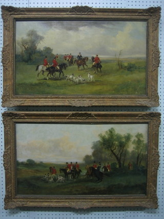 A pair of Victorian oil on canvasses hunting scenes "The Leap" and "The Kill" 15"x26"