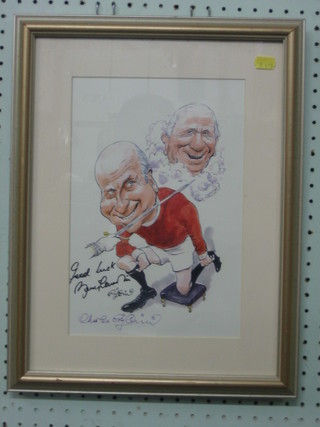 Griffin, a coloured cartoon of Bobby Charlton receiving his Knighthood, signed Good Luck Griffin and Charlton 12" x 8"