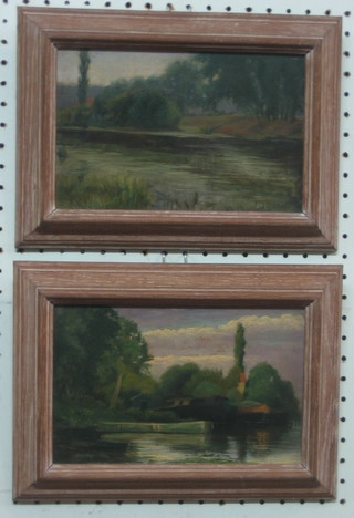 A pair of impressionist oil on boards "Boat House" and "River Scene"the reverse with Rowley Gallery labels 6"x9"