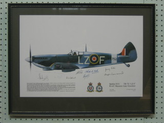 A limited edition coloured print of a Spitfire XVI RAF Manston Gate Guardian signed by the 10 surviving pilots of the 66 (F) Squadron 11"x17"