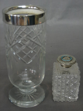A Victorian cut glass celery vase with silver collar, London 1867 together with a Victorian hob nail cut scent bottle with silver and enamelled collar