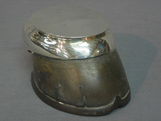 A Victorian silver mounted inkwell in the form of a horses hoof, the hinged lid marked Lady Billy, London 1899