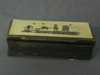 A 19th Century horn snuff box the lid decorated a gardening scene 4"