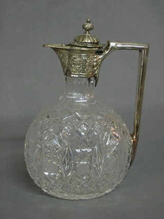 A Victorian cut glass ewer with white metal mounts and hinged lid (f) 7"