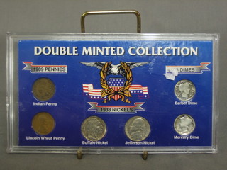 A double minted collection of circulated American coins comprising Indian penny, Lincoln penny, A Buffalo nickel a Jefferson nickel, a Mercury dime and a Barber dime