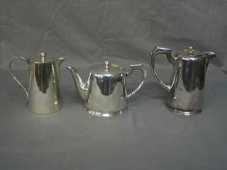 A matched 3 piece silver plated hotelware tea service comprising tea pot and 2 hotwater jugs