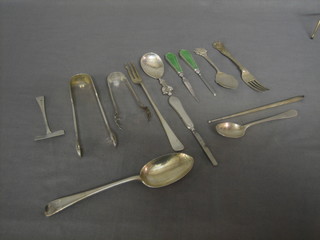 A pair of Victorian silver sugar tongs together with a collection of silver plated flatware, approx 7 ozs