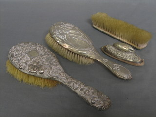 2 silver backed hairbrushes, ditto nail buffer and clothes brush ( all f and holed)