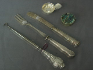 A silver handled pickle fork, a silver handled butter knife etc