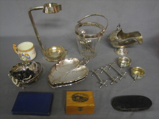 A glass pail with silver plated mount together with a collection of various plated items etc