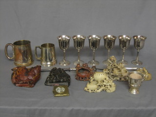 2 silver plated tankards, 6 silver plated goblets etc