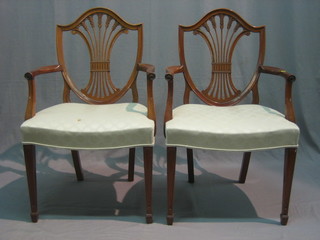 A pair of Edwardian Georgian style open arm carver chairs with shield shaped backs and upholstered seats, raised on square tapering supports