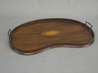 An Edwardian twin handled inlaid mahogany kidney shaped tea tray 24"