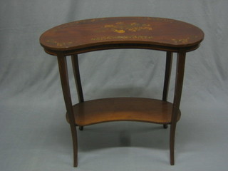 An Edwardian inlaid mahogany kidney shaped 2 tier occasional table, raised on outstretched supports 30"
