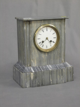 A French 19th Century 8 day striking mantel clock with enamelled dial and Roman numerals, contained in a grey veined marble case