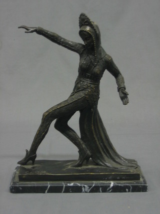 A modern Art Deco style bronze figure of a dancing girl, raised on a marble base 15"